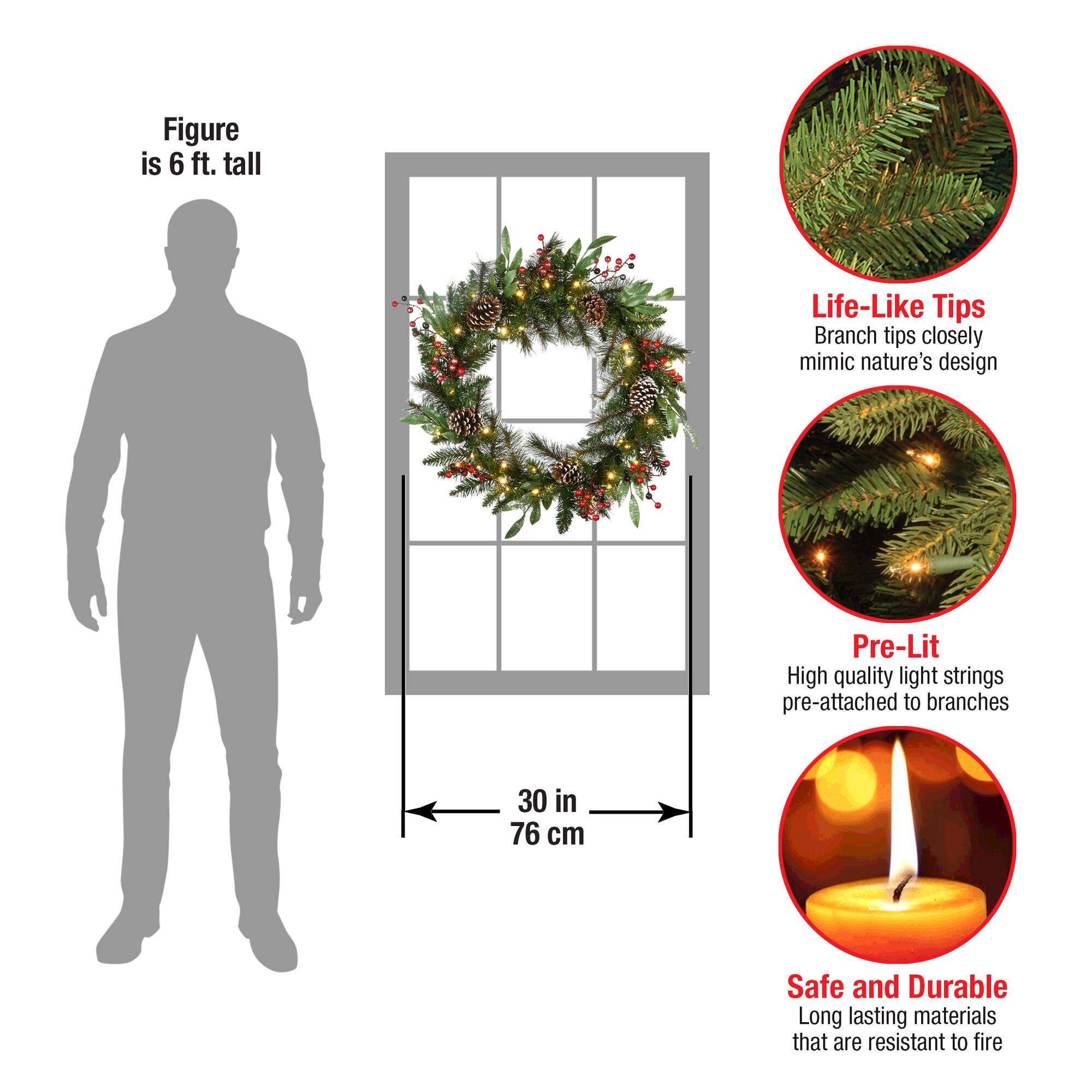 30" Frosted Pine Berry Collection Wreaths with Big White Edged Pine Cones, Red Berries, Silver Glittered Eucalyptus Leaves & Warm White LED Lights